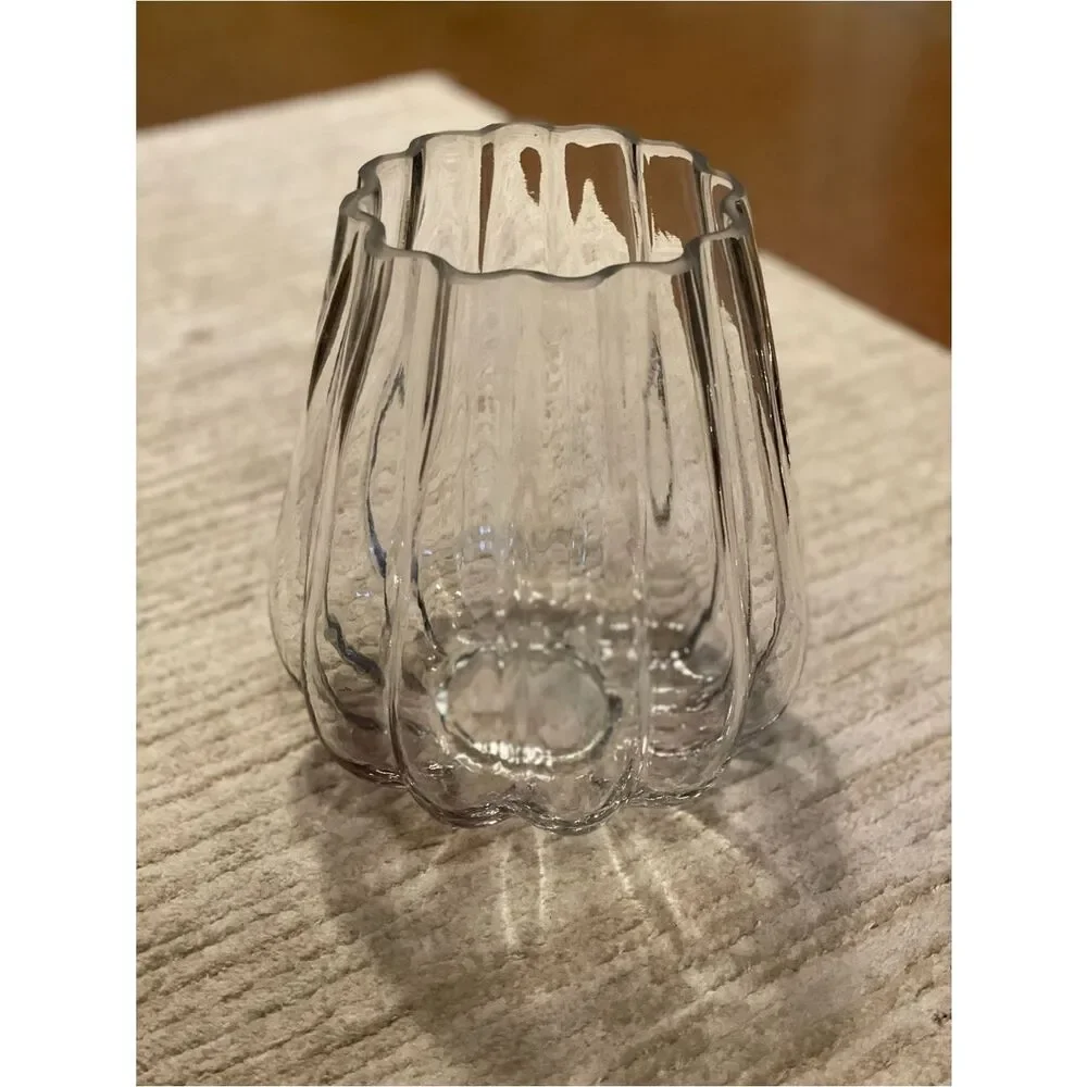 Elegant Large Clear Glass Ribbed Vase - Home Accents (8”H - 7” W) W/Faux Flowers